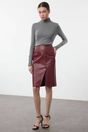 Limited Edition Dark Red Snakeskin Slit Midi Woven Skirt