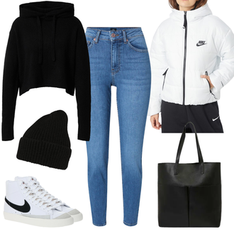 Outfit mit Blau/Hellblau Hose Große Größe/Leggings Große Größe/Damen 7/8-Länge Jeans/Knöchelstiefel/Cropped Jeans/High Waist Jeans/Jeans mit Schlitz/Push up Jeans/Lederjacke/Winterjacke river island "Sportlicher Freizeitlook"