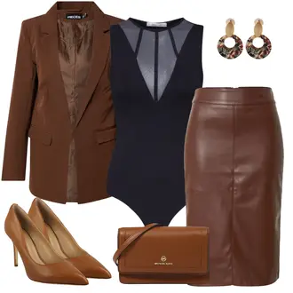 Outfit mit Dunkelbraun/Braun Mantel/Blazerjacke/Blazer mit Feder/Blusenblazer/Boyfriend Blazer/Lederjacke/Eleganter Blazer/Longblazer/Oversize Blazer/Lederjacke für Männer Pieces "Eleganter Look"