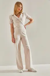 Women's Double Breasted Collar Button Detailed Bottom-Top Suit with Elastic Back Palazzo Trousers