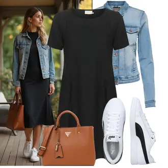 Party Outfits Große Größen mit Hellblau/Blau Mantel/Bluse Große Größe/Jeansjacke/Kurze Jeansjacke/Vintage Jacke Only, Schwarz/Dunkelgrau/Grau Kleid mit Tasche/Jerseykleid/Etuikleid/T-Shirt Kleid/Tunika Kleid Kaffe "Stylische Kombination für den Frühling"