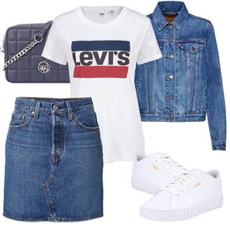 Herbst Outfit mit Pastell/Dunkelblau/Gelb Jeansjacke/60er Jahre Rock/80er Rock/90er Rock/Jeansrock/Rock Mit Blumenmuster/Lagenlook Rock/Moderne Rock/Bedruckter Rock/Vintage Jeansrock/Kurze Jeansjacke/Frühlingsjacke/Sommerjacke/Übergangsjacke/Vintage Jacke levi's ® "Outfit für den Sommer"