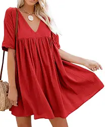 Gemijacka Damen Kleid Kurzarm V Ausschnitt Sommerkleid Lose Umstandskleid Dünn Leicht Swing Minikleid Rot XL