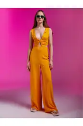 Low-cut Wide Leg Jumpsuit with Window Detail Linen Blend