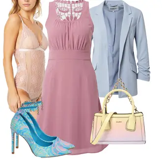 Outfit s Růžová/Fialová Šaty Do Áčka/Šaty pro Družičku/Ležérní Šaty/Šaty na Konfirmaci/Šaty Fit & Flare/Šaty s výstřihem/Žerzejové Šaty/Občanské šaty/Společenské šaty pro hosta/Pouzdrové Šaty/Skater šaty/Šaty Bez Rukávů/Letní Šaty/Sportovní Šaty About You "Vkusný letní outfit"