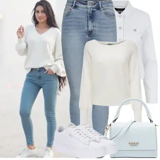 Jeans Outfit mit Weiß/Creme Mantel/Bluse Große Größe/Crop Jacke/Kurzjacke/Kurze Jeansjacke/Frühlingsjacke/Sommerjacke Pieces "Frühling outfit"