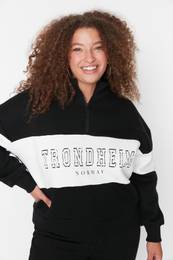 Curve Black Color Block Zipper Stand Collar Thick Ribbed Knitted Sweatshirt