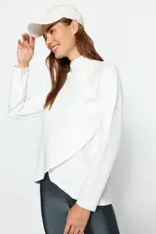 Cream White Cotton Zipper Detail Stand Collar Knitted Sports Sweatshirt