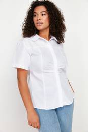 Curve White Front Gathered Detail Woven Shirt