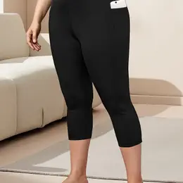 Women's Plus Size High Waist Capri Leggings With , Plain Yoga Pants For Workout Running Gym