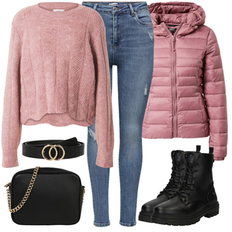 Plateau Mit Absatz Outfit mit Schwarz/Dunkelblau SchnürStiefelette/SpringerStiefel/Klassischer Stiefel Mustang "Winterlicher Look"