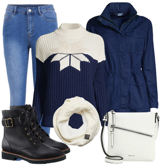 Outfit mit Blau/Hellblau Lederjacke/Damen 7/8-Länge Jeans/Knöchelstiefel/Caprijeans/Cropped Jeans/High Waist Jeans/Jeans mit Schlitz/Push up Jeans/Schlupfjeans/Leder Schuhe Vila "Trendiger Winterlook"