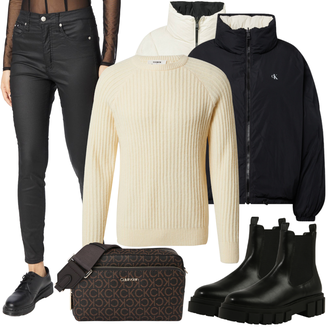 Katoen Bavlna Outfit s Černá Dlouhá tylová sukně/Taška/Doplňek/Dlouhé Šaty/Dlouhý Zimní Kabát Calvin Klein "Zimní outfity"