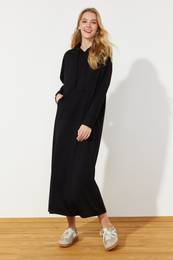 Black Kangaroo Pocket Hooded Oversize Knitted Sweat Dress