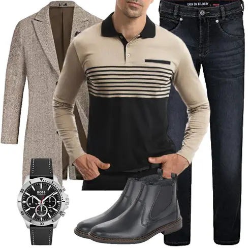Grau/Beige/Braun Langer WinterMantel PaulJones kombinieren