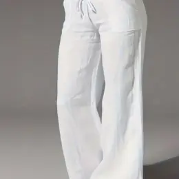 Women's Plus Size Wide-leg Pants With Pockets - High-waisted, Drawstring Waist, Smooth Polyester Fabric, Casual , Machine Washable, Relaxed Fit