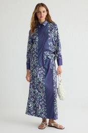 Navy Blue Shirt Collar Floral Woven Upper-Lower Team