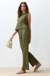 Khaki Textured Regular/Normal Cut Zero Sleeve Flexible Knitted Blouse Trousers Bottom-Top Set