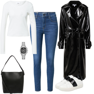 Outfit mit Schwarz Trenchcoat/Ledermantel/Regenmantel & Funktionsmantel/KunstLedermantel/Midi Mantel/Langmantel/Women's Trenchcoats/Langer Mantel/Regenmantel Edited "Hochwertiger Freizeitlook"