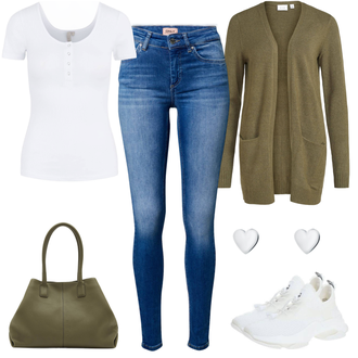 Button Down Outfit mit Weiß/Creme/Grau Bluse Große Größe/Shirt & Top Große Größe/Shirt/Basic Top/Men's Running Shoes/Caual T-Shirt/Ausgefallenes T-shirt/Funktions T-Shirt/Strickshirt/Hemdoberteil/Kurzarm T-Shirt Pieces "Sportlicher Alltagslook"