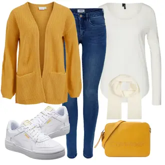Katoen Bavlna Outfit s Oranžová Dlouhé Šaty/Slim Fit Džíny/Dlouhé Kardigany/Dlouhý Svetr/Taška Přes Rameno/Dlouhý Zimní Kabát/Dlouhá tylová sukně/Doplňek Calvin Klein "Stylový outfit na jaro"