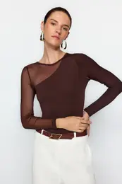 Brown Tulle Detailed Snap Snap Elastic Knitted Bodysuit