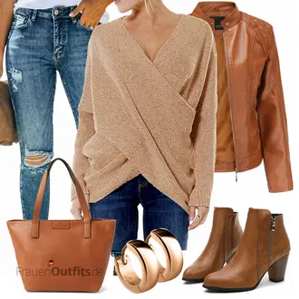 Mit Kapuze Outfit mit Braun/Orange/Beige Bikerjacke/Vintage Lederjacke/Jacke mit Seitlichem Reißverschluss/Leder Bomberjacke/KunstLederjacke "Outfit in herbstlichen Farben"