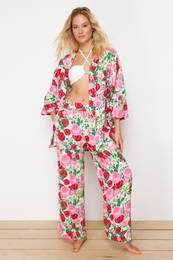 Floral Patterned Woven Kimono Trouser Beach Set