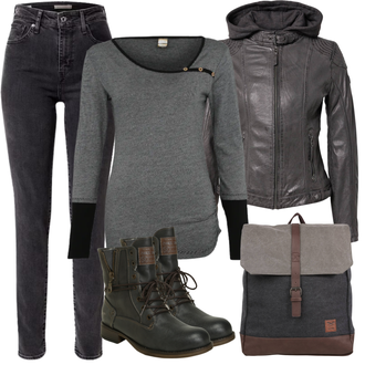 Motorrad Outfit mit Dunkelgrau/Grau/Braun Mantel/Bikerjacke/Kunstlederjacke/Kapuzenjacke/Jacke mit Seitlichem Reißverschluss/Lederjacke/Motorradjacke gipsy by mauritius "Módní zimní outfit"Look: Motorrad, Reiten