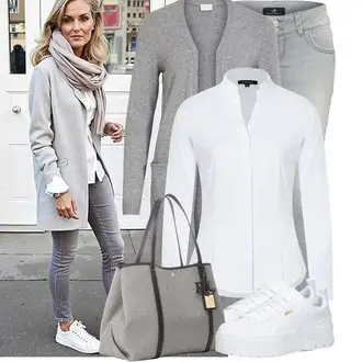 Sommer Vorstellungsgespräch Outfit mit Weiß/Grau/Lila Bluse und Tunika/Businesshemd/Business Hemd/Bügelfreies Hemd/Hemdbluse/Bluse Große Größe More & More "Modisches Freizeit Outfit"