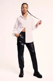 Coool Faux Leather Jogger Pants Elastic Waist Leg Cargo Pocket