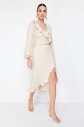 Beige Skirt Ruffled Slit Detailed Aerobin Fabric Midi Length Woven Skirt