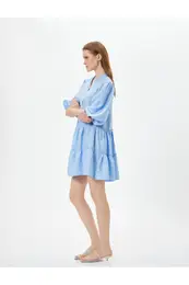 Flounce V Neck Viscose Mini Balloon Sleeve Dress