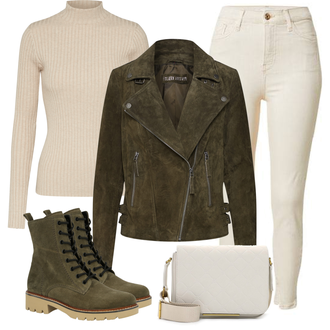 Outfit mit Khaki/Beige Lederjacke/Cropped Jeans/Caprijeans/High Waist Jeans/Push up Jeans/Knöchelstiefel/Damen 7/8-Länge Jeans/Jeans mit Schlitz/Leder Schuhe/Biker Jeans river island "Perfekt für die Freizeit"