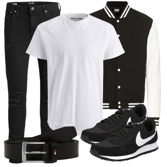 Outfit mit Schwarz/DunkelBraun/Khaki/Lila/Bordeaux Biker Jeans/Lederjacke/Jeans mit Schlitz/Thermojeans/Winterjacke/Slim Fit Jeans/Leder Schuhe Jack & Jones "Alltagsoutfit"
