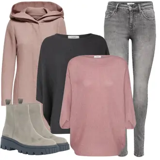 Outfit mit Schwarz/Grau/Dunkelgrau Strick Große/Klassische Tunika/Bluse Lederjacke/Oversize Bluse/Tuniken-Shirt/Shirt & Top Große Größe/Tunika/Pullover Mit Fledermausärmel/Kaschmir Pullover JdY "Winterlicher Look"