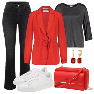 High waist Outfit mit Schwarz/Hellgrau/Grau/Dunkelgrau T-Shirt/Winterjacke/Herren Lederjacke/Jeans mit Schlitz/Schlaghose Jeans/Thermojeans/Leder Schuhe/Regular-Fit Jeans/High waist Jeans/Straight Leg Jean MAC "Eleganter Look"