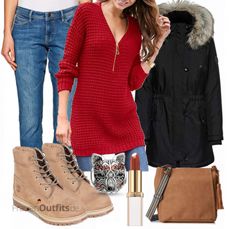Outfit mit Schwarz/Dunkelblau Kurzmantel/Kapuzenmantel/Mantel mit Reißverschluss/Mantel mit Fellkragen/Wintermantel/Parka Only "Timberland stiefel"