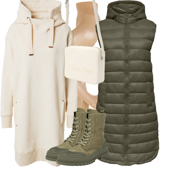 Outfity na zimu Streetwear s Béžová/Khaki Mikinové Šaty Ragwear "Trendový zimní vzhled"Look: Nadrozměrné, Příliš oblečený, Unisex, Streetwear