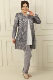 By Sayg 3-Piece Suit With Inner Sleeveless Blouse Piping Lined Floral Embroidered Jacket and Trousers