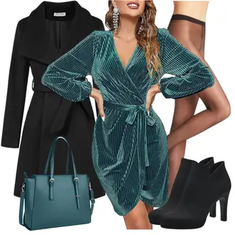 Outfit mit Türkis/Grün/Dunkelgrün Wickelkleid/Cord Kleid/Samtkleid MEROKEETY "Herbstlicher Look"