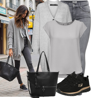 Hodanje Zima Outfit sa Siva/Svjetlosiva Pamučni kardigan/Kardigan s V izrezom/zimski kardigan/Kardigan od kašmira/Kostim za kardigan/Vuneni kardigan/Kardigan na podstavu/Duži Kardigani VERO MODA "Praktičan look"Look: Razonoda, Hodanje, Skating