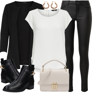 Schlichte Outfit mit Weiß/Creme/Grau Bluse Große Größe/Shirt & Top Große Größe/Tunika/Bluse/Bluse Oberteil/Lederjacke/Klassische Tunika/Elegante Tunika/Kurzarmbluse/Kurzarm-Tunika/Schlupfbluse/Tuniken-Shirt Only "Cool für die Freizeit"Look: Uni, Stil, Edel, Elegant, 20er Jahre, Coole, Moderne, Schlichte
