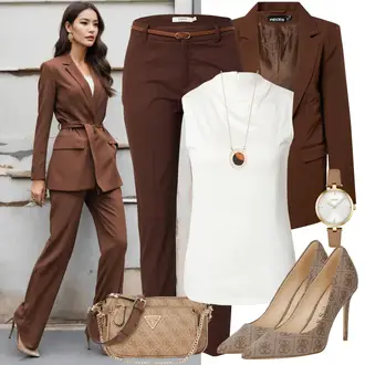 Outfit mit Dunkelbraun/Braun Mantel/Blazerjacke/Blazer mit Feder/Blusenblazer/Boyfriend Blazer/Lederjacke/Eleganter Blazer/Longblazer/Oversize Blazer/Lederjacke für Männer Pieces "Eleganter Look"