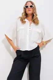 Trend Alaat Stili Women's Ecru Double Pocket Half Sleeve Linen Shirt