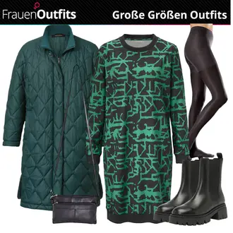 Mit Absatz Outfit mit Schwarz/Braun/Weiß Stiefel Chelsea Boot Karolina Kurkova Originals "Cooler Winterlook für Plus Size"
