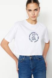 White 100% Cotton Embroidered Crop Crew Neck Knitted T-Shirt