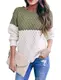 Damen Pullover Casual Farbblock Strickpullover Lose Aushöhlen Langarm Rundhals Lose Mode Hoodie (Grün, S)