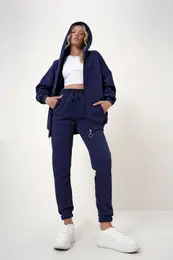 Trend Alaat Stili Women's Navy Blue Hooded Kangaroo Pocket 3 Yarn Inside Raised Tracksuit