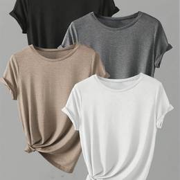 4pcs Women's Casual Solid Color T-shirts - Soft Polyester & Elastane Blend, Crew Neck, Short Sleeve, Machine Washable - Ideal For , Black, Navy,
